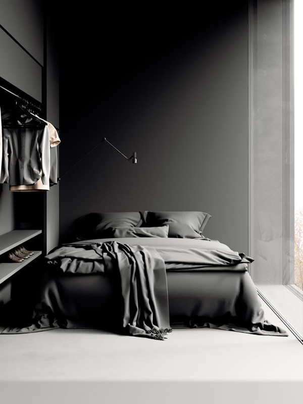 desain-kamar-tidur-hitam-dengan-lemari-pakaian-terbuka